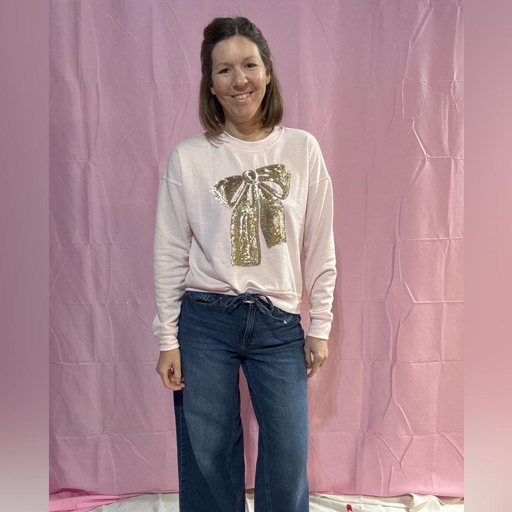 NWOT Philosophy Light Pink sparkly gold bow Top